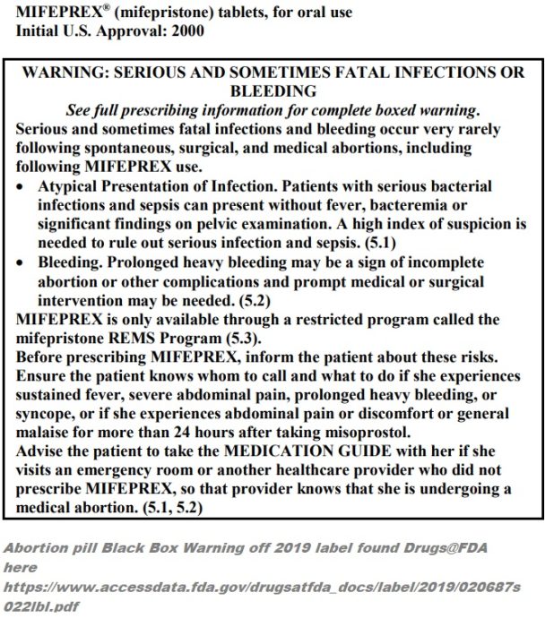 Abortion Pill Mifeprex Black Box Warning (2019 label from FDA)