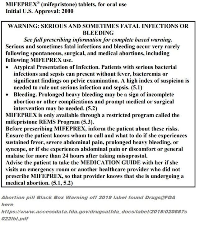 Abortion Pill Mifeprex Black Box Warning (2019 label from FDA) Abortion Pill Mifeprex Black Box Warning (2019 label from FDA)