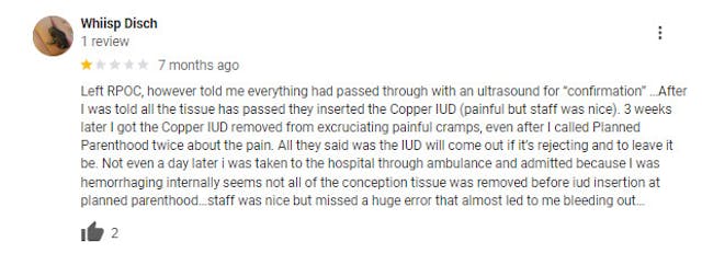 Women leave Google Reviews about ER visits and injuries after visiting Planned Parenthood image