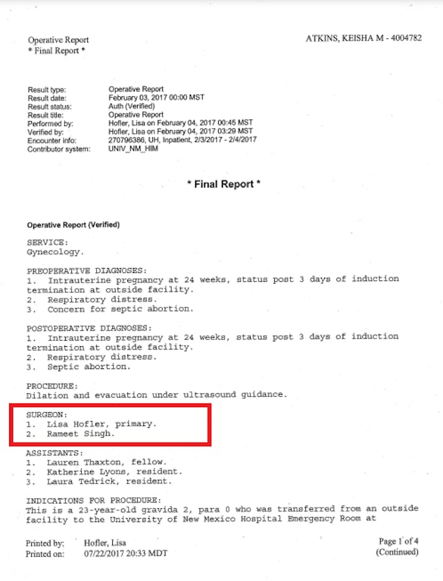 Keisha Atkins operative report (Drs. Hofler and Singh) Keisha Atkins operative report (Drs. Hofler and Singh)