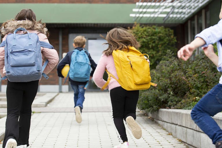 Rear view of schoolchildren running