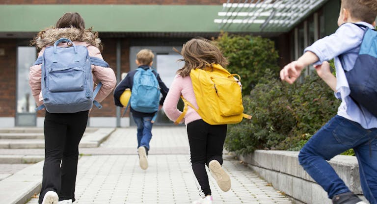 Rear view of schoolchildren running