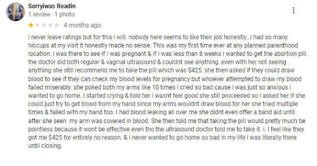 Women leave Google Reviews about ER visits and injuries after visiting Planned Parenthood image
