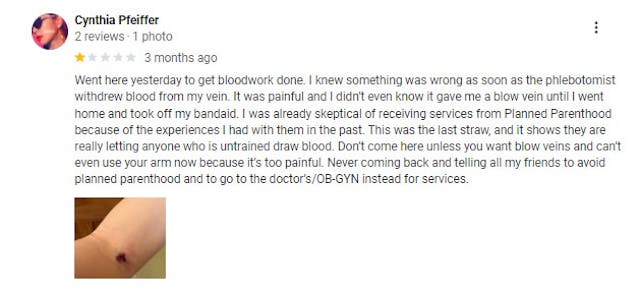 Women leave Google Reviews about ER visits and injuries after visiting Planned Parenthood image