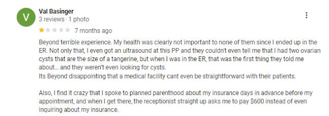 Women leave Google Reviews about ER visits and injuries after visiting Planned Parenthood image