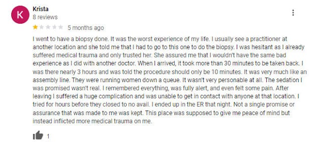 Women leave Google Reviews about ER visits and injuries after visiting Planned Parenthood image