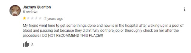 Women leave Google Reviews about ER visits and injuries after visiting Planned Parenthood image