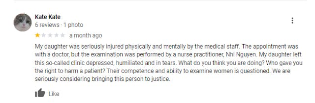 Women leave Google Reviews about ER visits and injuries after visiting Planned Parenthood image