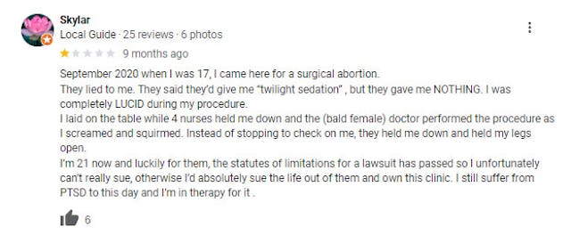 Women leave Google Reviews about ER visits and injuries after visiting Planned Parenthood image