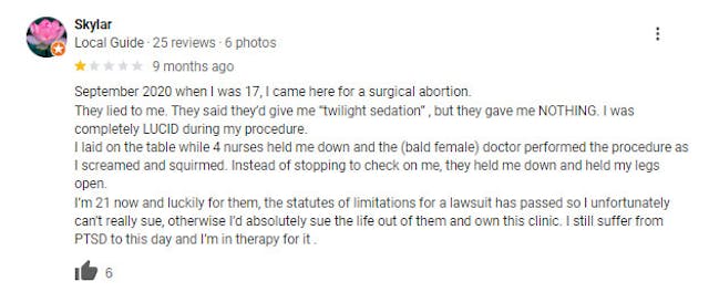 Women leave Google Reviews about ER visits and injuries after visiting Planned Parenthood image