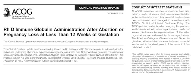 ACOG December 2024 bulletin on RH negative treatment and abortion