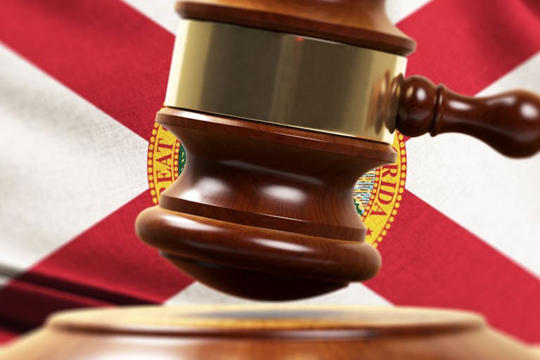 Wood Gavel Standing Front Of the Florida State Flag Closeup 3d Render