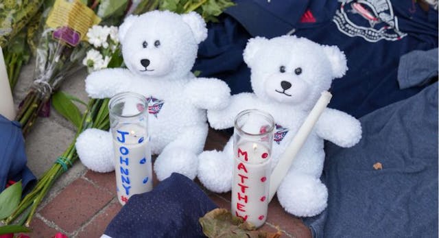 COLUMBUS, OHIO – AUGUST 31: A makeshift memorial grows outside Nationwide Arena for Columbus Blue Jackets forward Johnny Gaudreau and his bother Matthew at Nationwide Arena on August 31, 2024 in Columbus, Ohio. (Photo by Jason Mowry/Getty Images)