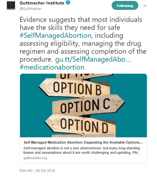 Guttmacher promotes self managed abortion (Image: Twitter) Image: Guttmacher promotes self managed abortion (Image: Twitter)
