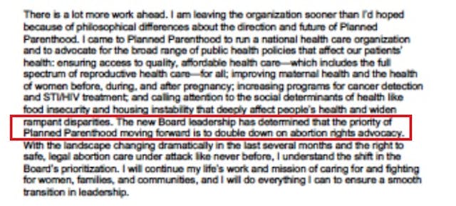 Leana Wen statement Planned Parenthood abortion advocacy (Image Leana Wen Letter on Twitter 07-16-2019) Image: Leana Wen statement Planned Parenthood reals reason is abortion (Image Leana Wen Letter on Twitter 07162019)