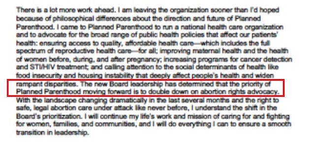 Image: Leana Wen statement Planned Parenthood reals reason is abortion (Image Leana Wen Letter on Twitter 07162019)