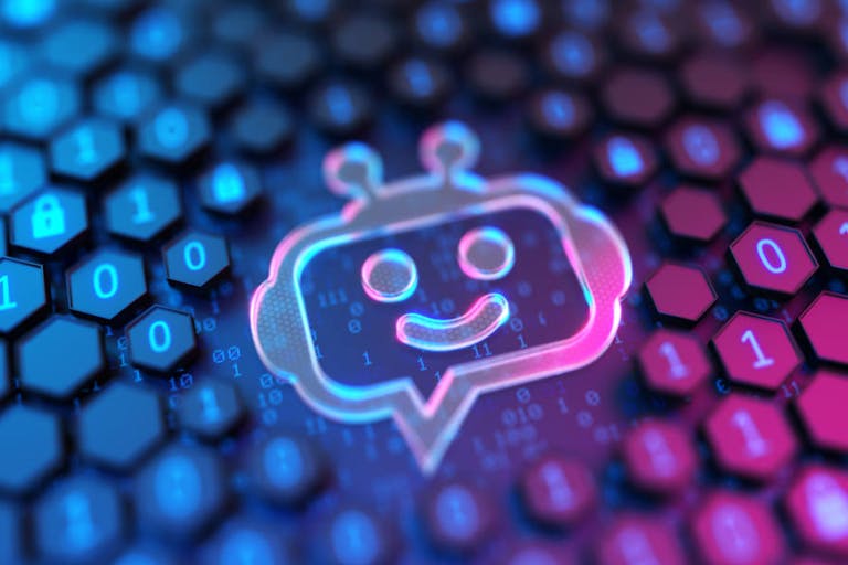 Funny glowing Chatbot on the hexagonal background with binary code. Artificial Intelligence. 3d Illustration