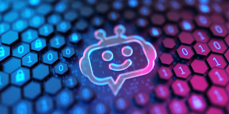 Funny glowing Chatbot on the hexagonal background with binary code. Artificial Intelligence. 3d Illustration