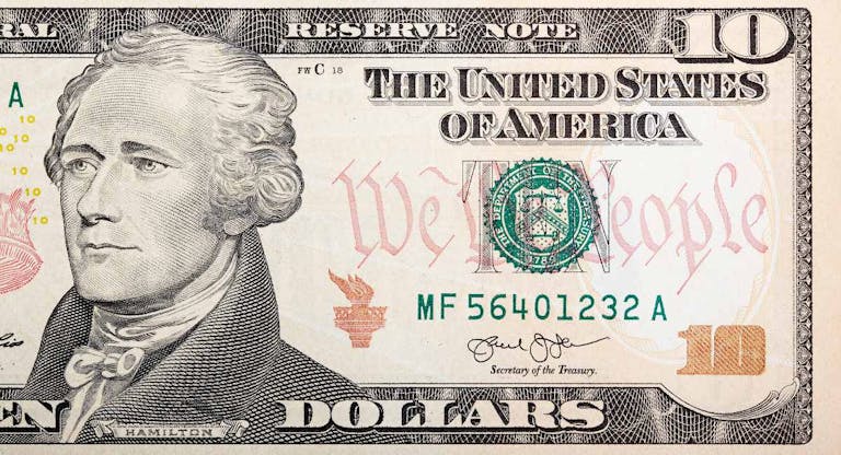 Part of ten dollar bill American money