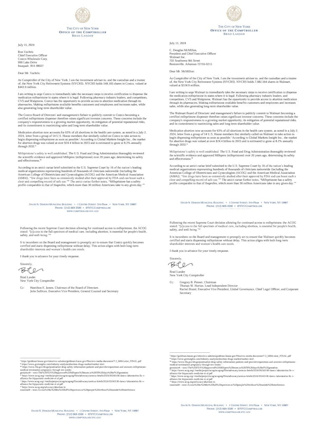 Brad Lander NYC Comptroller letters to pharmacy giants Wal-Mart and Costco urges abortion pill dispensing Brad Lander NYC Comptroller letters to pharmacy giants Wal-Mart and Costco urges abortion pill dispensing