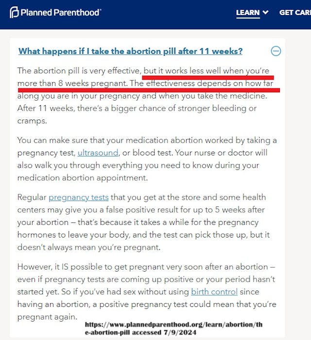 Planned Parenthood website acknowledges abortion pill past 11 weeks not as effective Planned Parenthood website acknowledges abortion pill past 11 weeks not as effective