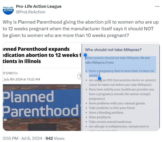 Pro-Life Action League Tweet on Planned Parenthood prescribing abortion pill at 12 weeks (Image: X) Pro-Life Action League Tweet on Planned Parenthood prescribing abortion pill at 12 weeks (Image: X)