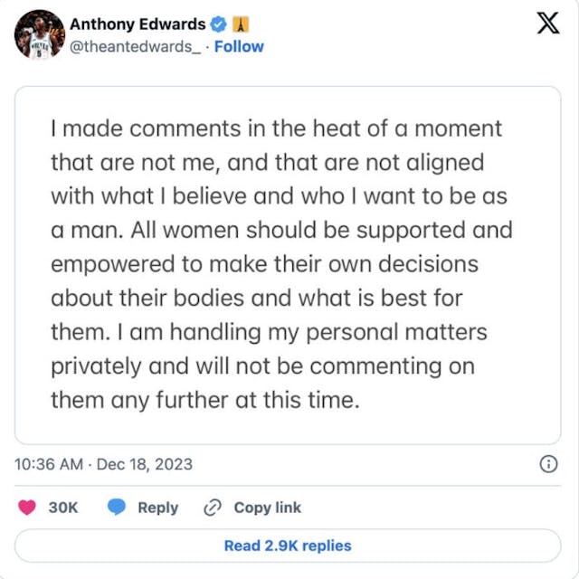 Anthony Edwards tweet 2023 NBA player Anthony Edwards accused of trying to coerce another woman to abort his baby image