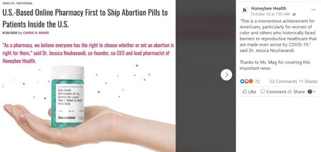 HoneyBee Health pharmacy mail order abortion pill pharmacy (Image: Facebook) Image: HoneyBee Health pharmacy mail order abortion pill pharmacy (Image: Facebook)