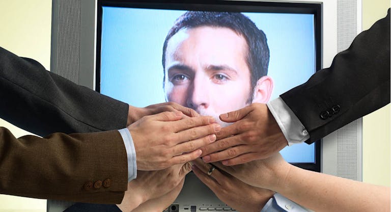 Hands covering mouth of man displayed on tv