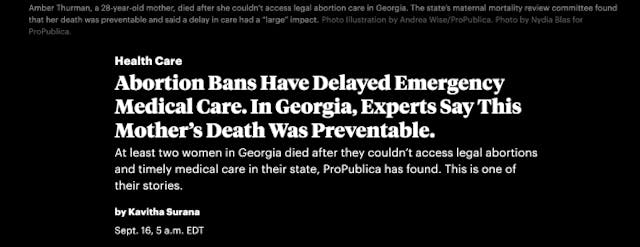 ProPublica headline, Amber Thurman, September 16, 2024 ‘PREVENTABLE’: How pro-abortion media is weaponizing reporting on maternal deaths image