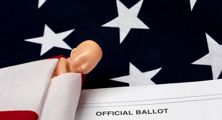 Fetus swaddled in American flag with election ballot. Abortion rights, reproductive law and abortion access concept.