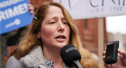 Isabel Vaughan-Spruce speaking outside Birmingham Magistrates' Court in 2023