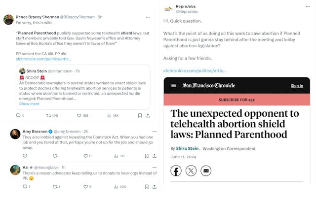 Abortion advocates criticize Planned Parenthood opposition to telehealth shield laws (Images: Twitter/X) Abortion advocates criticize Planned Parenthood opposition to telehealth shield laws (Images: Twitter "X")