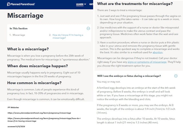 Planned Parenthood website what is miscarriage accessed 60424