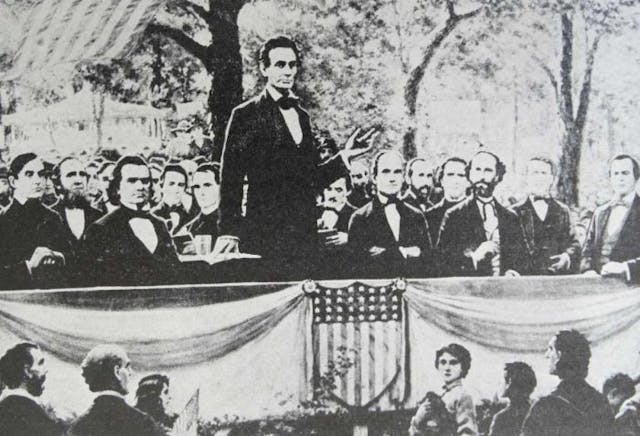 Abraham Lincoln (standing) in one of a series of seven debates regarding slavery with Stephen Douglas (at Lincoln’s right), his rival for a seat in the Senate. These debates permitted both candidates to discuss their views on slavery. (Photo by: Universal History Archive/UIG via Getty images) Abraham Lincoln (standing) in one of a series of seven debates regarding slavery with Stephen Douglas (at Lincoln’s right), his rival for a seat in the Senate. These debates permitted both candidates to discuss their views on slavery. (Photo by: Universal History Archive/UIG via Getty images)