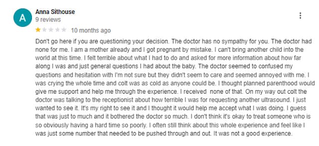 Google Reviews decry Planned Parenthood’s abortion coercion and lack of maternal health care image