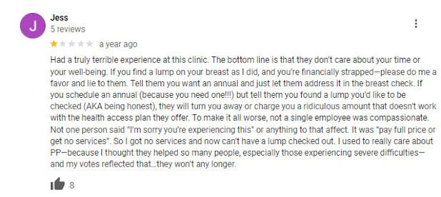 Google Reviews decry Planned Parenthood’s abortion coercion and lack of maternal health care image