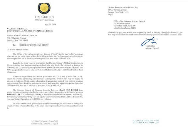 Arkansas attorney general issues Cease and Desist letter to Choices Abortion Clinic false deceptive advertising