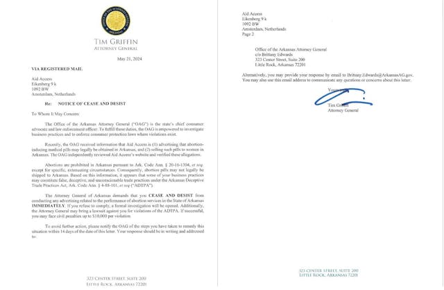 Arkansas Attorney General issues Cease and Desist letter to Aid Access false deceptive advertising Arkansas attorney general issues Cease and Desist letter to Aid Access false deceptive advertising