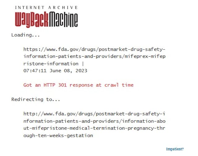 WBM redirect of the FDA page in question WBM redirect of the FDA page in question