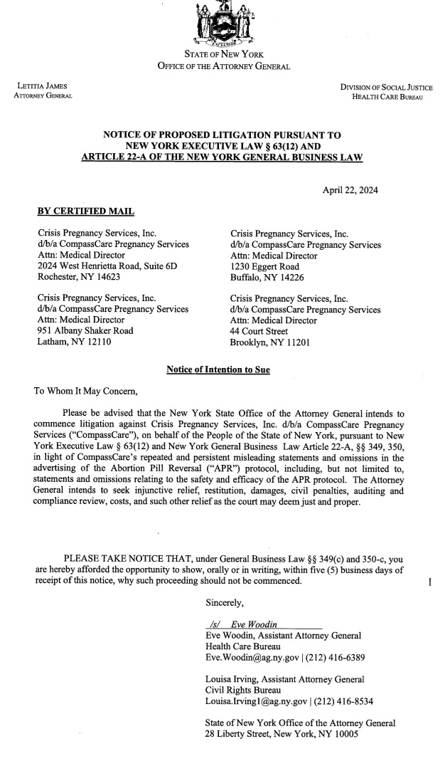 New York AG notice of lawsuit against prolife pregnancy centers