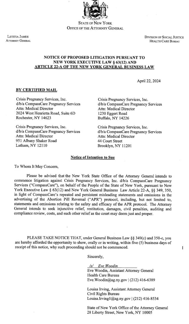 New York AG notice of lawsuit against prolife pregnancy centers New York AG notice of lawsuit against prolife pregnancy centers