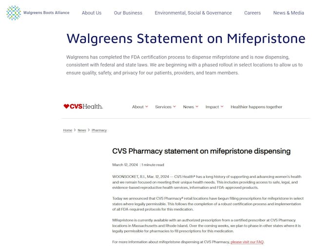 Pharmacy chains Walgreens and CVS vow to dispense abortion pills (Websites accessed 3/20/2024) Pharmacy chains Walgreens and CVS vow to dispense abortion pills (Websites accessed 3/20/2024)