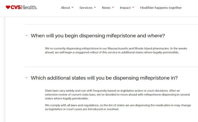 CVS Pharmacy vows to expand dispensing abortion pills (Website accessed 3/20/2024)