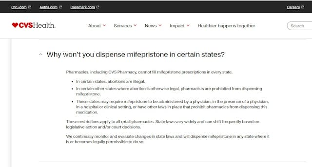 CVS will not dispense abortion pills in every state (Website accessed 3/20/2024) CVS will not dispense abortion pills in every state (Website accessed 3/20/2024)