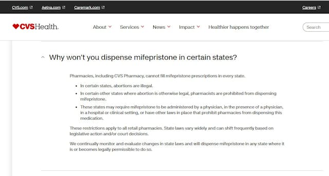 CVS will not dispense abortion pills in every state (Website accessed 3/20/2024)