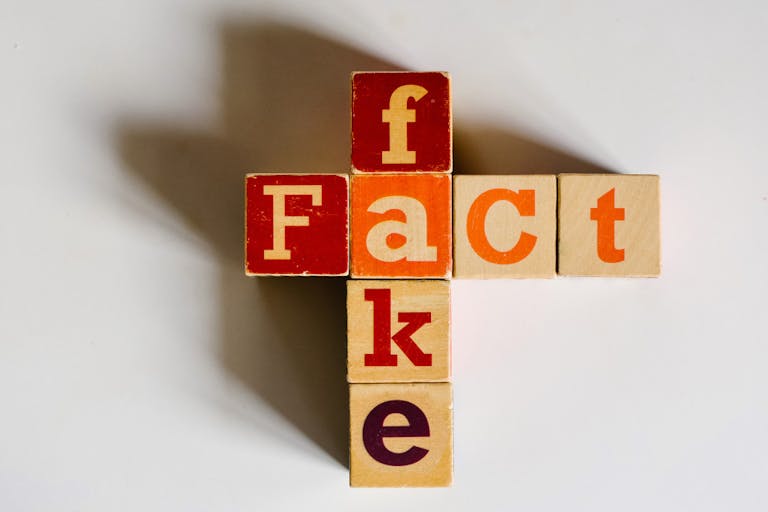 Fake  Fact Concepts with Wooden Text Alphabet Block on White Surface
