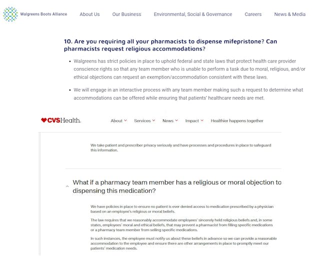 Walgreens and CVS vow to protect employee conscience rights on abortion pill dispensing (Website accessed 3/20/2024) Walgreens and CVS vow to protect employee conscience rights on abortion pill dispensing (Website accessed 3/20/2024)