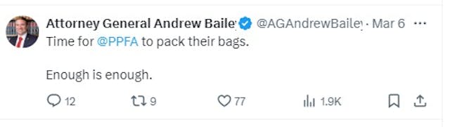 Missouri AG to Planned Parenthood enough is enough (Image: Twitter “X”) Missouri AG to Planned Parenthood enough is enough (Image: Twitter "X")