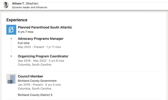 Screenshot from Allison Terracio’s LinkedIn profile Another medical emergency at South Carolina Planned Parenthood image